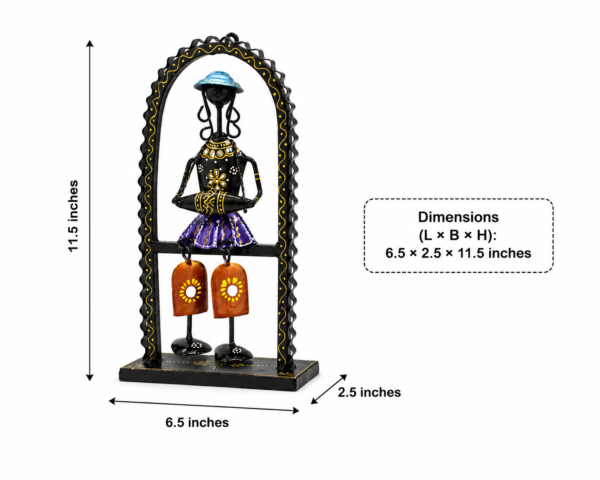 Set of three handcrafted Rajasthani-style metal figurine wall decor panels with colorful traditional attire, displayed on a table and mounted on a wall.
