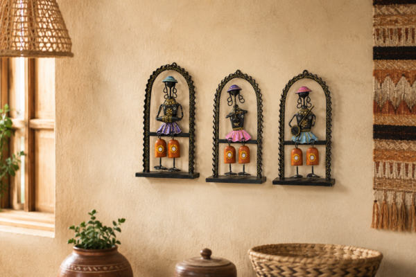 Set of three handcrafted Rajasthani-style metal figurine wall decor panels with colorful traditional attire, displayed on a table and mounted on a wall.