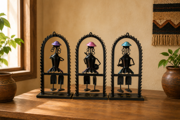 Set of three handcrafted Rajasthani-style metal figurine wall decor panels with colorful traditional attire, displayed on a table and mounted on a wall.