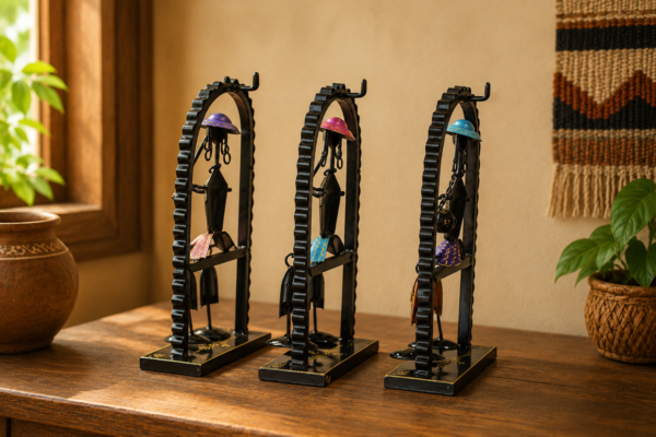Set of three handcrafted Rajasthani-style metal figurine wall decor panels with colorful traditional attire, displayed on a table and mounted on a wall.