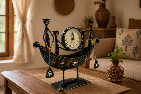 Decorative handcrafted metal boat-shaped table clock with colorful traditional Indian artwork, displayed on a wooden living room table.