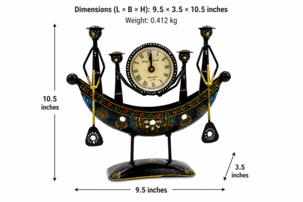 Decorative handcrafted metal boat-shaped table clock with colorful traditional Indian artwork, displayed on a wooden living room table.