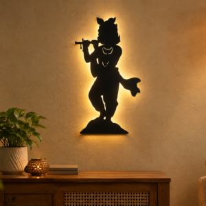 Black Metal Krishna Flute Wall Art – Decorative Religious Wall Hanging for Home Décor
