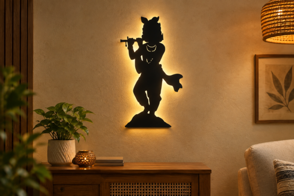 Black Metal Krishna Flute Wall Art – Decorative Religious Wall Hanging for Home Décor