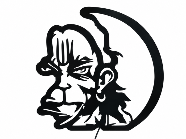 Black metal Hanuman wall art featuring Lord Hanuman’s face and circular design, displayed with dimensions