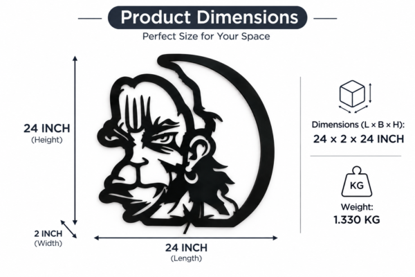 Black metal Hanuman wall art featuring Lord Hanuman’s face and circular design, displayed with dimensions