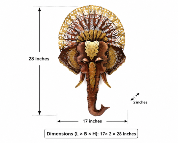 Decorative elephant face wall art with an ornate golden crown and traditional Indian detailing, displayed in a rustic stylish living room.