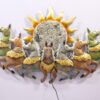 Decorative multicolor metal wall art featuring seven running horses with a large sun design, measuring 46 × 3 × 26 inches.