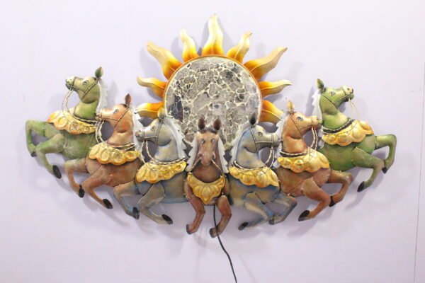Decorative multicolor metal wall art featuring seven running horses with a large sun design, measuring 46 × 3 × 26 inches.