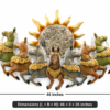 Decorative multicolor metal wall art featuring seven running horses with a large sun design, measuring 46 × 3 × 26 inches.
