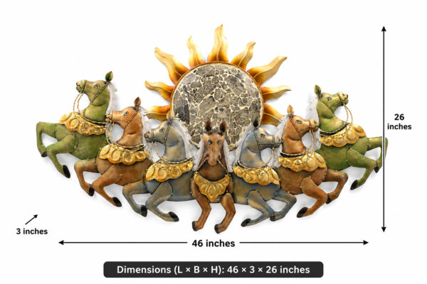 Decorative multicolor metal wall art featuring seven running horses with a large sun design, measuring 46 × 3 × 26 inches.