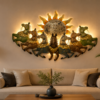 Decorative multicolor metal wall art featuring seven running horses with a large sun design, measuring 46 × 3 × 26 inches.