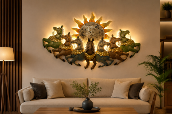 Decorative multicolor metal wall art featuring seven running horses with a large sun design, measuring 46 × 3 × 26 inches.