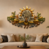 Decorative multicolor metal wall art featuring seven running horses with a large sun design, measuring 46 × 3 × 26 inches.