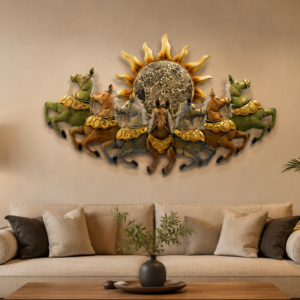 Decorative multicolor metal wall art featuring seven running horses with a large sun design, measuring 46 × 3 × 26 inches.