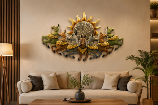 Decorative multicolor metal wall art featuring seven running horses with a large sun design, measuring 46 × 3 × 26 inches.