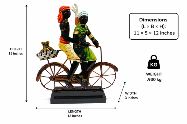 Handcrafted Rajasthani couple riding a bicycle, featuring colorful traditional attire and detailed metalwork on a decorative black base.